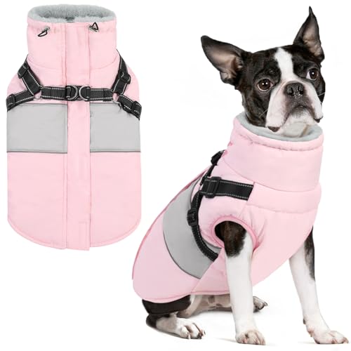 SUNFURA Small Dog Coat with Harness Built in, Warm Dog Jacket Winter with Zipper On Back, Waterproof Pet Snow Jacket Snowsuit Pet Sweater Clothes for Schnauzer, Yorkshire Terrier, Pink S