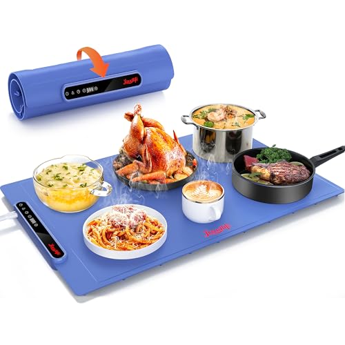 Laudlife Electric Warming Mat for Food, Roll-Up Silicone Heating Pad with 7 Adjustable Tempmaster Levels, Foldable Warming Tray for Countertop,Buffet Party, Kitchen & Home, Child Lock, Dark Bule