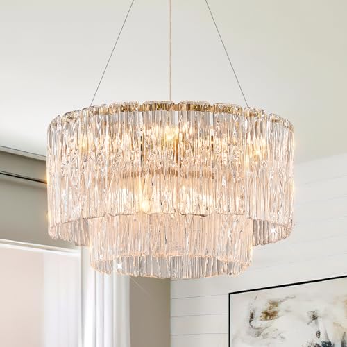 CATINER Modern Gold Chandeliers,20” Crystal Glass Pendant Ceiling Light Fixtures 7-Light Round Chandelier Luxury 2 Tiers Hanging Chandelier for Dining Room Foyer Living Room Bedroom