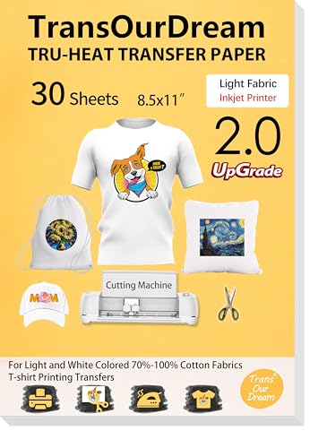 TransOurDream Upgraded Iron on Heat Transfer Paper for T Shirts (30 Sheets, 8.5x11") Iron on Transfers for Light Fabric Printable Heat Transfer Vinyl for Inkjet Printer (L2-30)