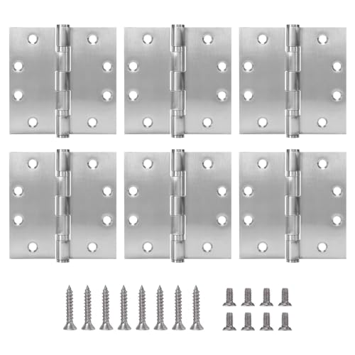 4.5" Heavy Duty Stainless Steel Door Hinge, 6 Pack 4.5 x 4.5 Inch Ball Bearing Door Hinges with Square Corners for Commercial and Residential Doors, Brushed Nickel