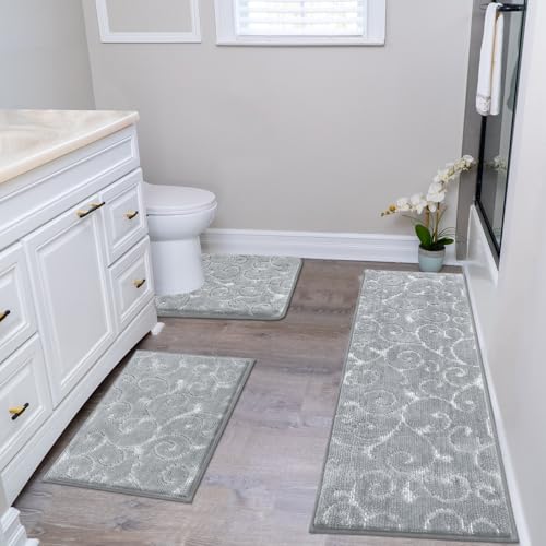 HEBE Bathroom Rug Set of 3 Piece Non Slip Shower Rugs with U-Shaped Contour Toilet Mat, Absorbent Microfiber Bath Mats for Bathroom, Washable Shaggy Bathroom Floor Carpet