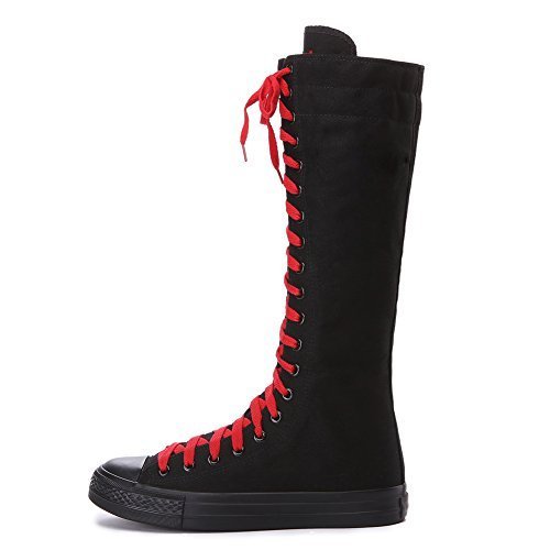 ANUFER Girls Women Fashion Canvas Knee Boots Pure Black Zip Dance Boots SN811 US8