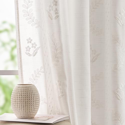 jinchan Linen Curtains for Bedroom Floral Curtains 84 Inch Length Linen Blend White Embroidered Drapes Farmhouse Flower Patterned Drapes for Living Room Window Treatments Set 2 Panels