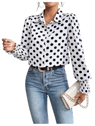 WDIRARA Women's Polka Dots Button Down Shirt Ruffle Bishop Long Sleeve Top Blouse White and Black Large