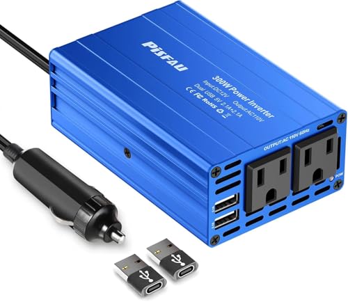 300W Power Inverter 12V DC to 110V AC Car Plug Adapter Outlet Converter with 4.2A Dual USB AC car Charger for Laptop Computer,Road Trip Essentials Camping Accessories (Blue)