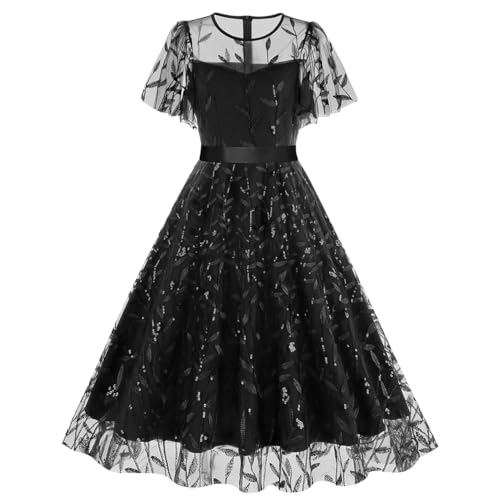 Sparkle Glitter Sequin Floral Embroidered Dress for Women Shiny Flower Embroidery Tulle Prom Dress Bling Glittery Dress Floral Homecoming Dress Short Vintage Summer Sequined Dresses Black Squined XXL