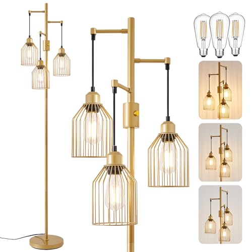 A1A9 Dimmable Floor Lamp for Living Room, Farmhouse Floor Lamps with Elegant Hanging Cage, 3 x LED Edison Bulbs Included, 68.5" Industrial Standing Light for Bedroom Office Home Decor (Gold)