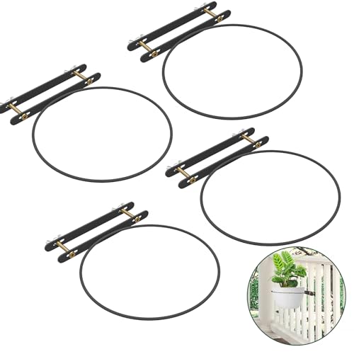 Vercome Hanging Flower Pots Holder Deck Railing Plant Container Holder for Round Pot Planters (10") Hanging Bucket Flower Pot Holder for Patio Balcony Outdoor Plants 4 Pack