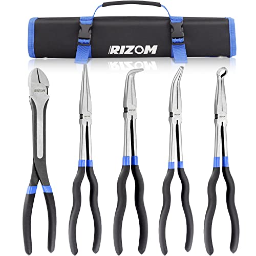 RIZOM 5-Piece 11 Inch Long Needle Nose Pliers Set, Extra Long Reach Pliers Set, 45°&90° Bent Needle Nose Pliers, Circle Nose and Diagonal Pliers for Narrow Spaces and Limited Areas