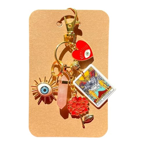LOVE & PROTECTION, THE LOVERS Tarot Card & The Eye Charm, Women's Handbag Charms, Natural Rose Quartz Crytal Keychains, Chunky Purse Charms, Wife Gift, Girlfriend Gift, Anniversary Gifts, Christmas Gifts for Her