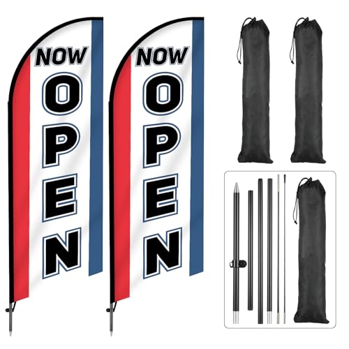 2 Sets Open Feather Flag for Businesses Now Open Themed Swooper Banner Sign with Carbon Fiber Pole and Advanced Ground Stake Portable Bag Advertising Flag Banner for Business Advertising Outside