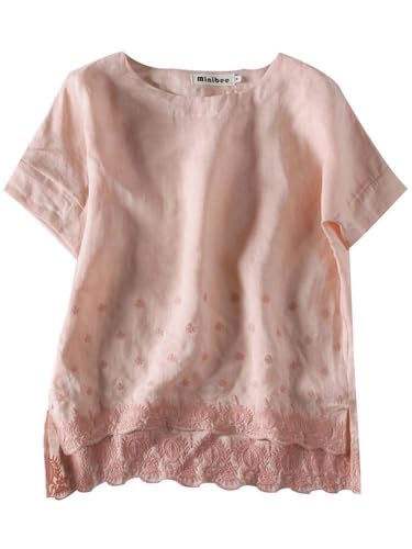 Minibee Women's Summer Linen Tunic Shirt High Low Hem Embroidery Blouse Top Pink XXL