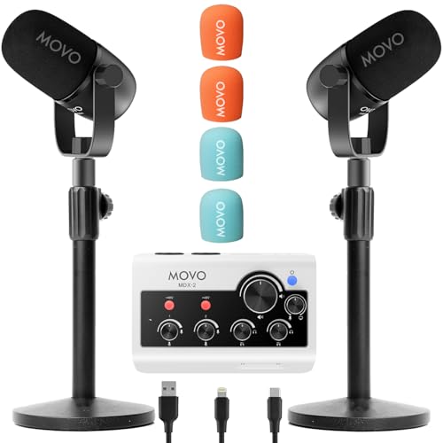 Movo Portable Podcast Equipment Bundle for iPhone/Android Phones- Podcast Kit with Audio Interface, 2 CastMic Dynamic Mics, 2 Table Stands - For Smartphones, Computers, PC, Mac - Lightning, USB, USB-C