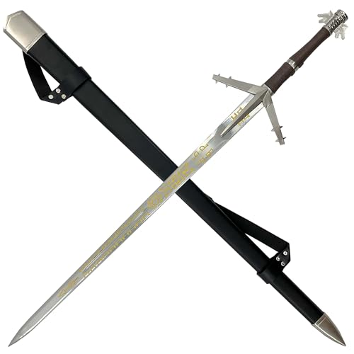 MedievalDepot Witcher Aerondight Sword of The Lady of The Lake – Overall 50" - Double-Edged Blade with Gold Detailing, Leather Wrapped Handle & Scabbard, Wolf Head Pommel, and Back Strap
