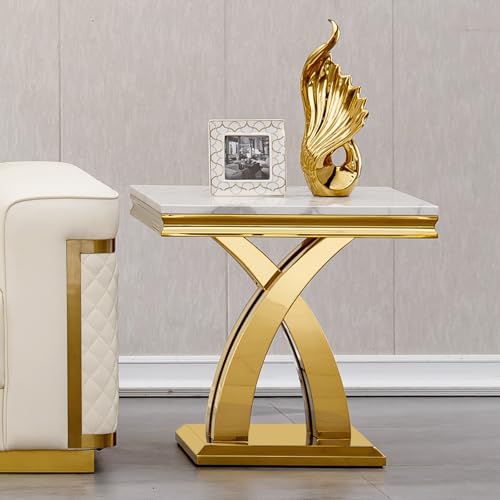 Faux Marble End Table Living Room Table Side Table, Modern Faux Marble Rectangular Conner Table with Faux Marble Top X Shape Stainless Steel Base for Bedroom Home Office