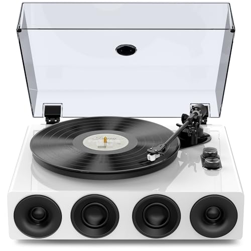 1 by ONE All-in-One Record Player with Wireless Input, High Fidelity Belt Drive Turntable with Built-in Speakers, Magnetic Cartridge AT-3600L, Built-in Preamp, Piano Lacquer White