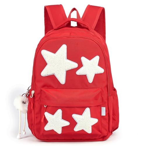 LOTUSTAR Red Preppy Backpack with Cute Plush Accessories Kawaii Star Patch Y2K School Bookbag Statement Girls Funny Aesthetic Backpacks for Kids Teens Senior