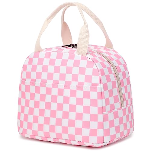 Checkered Lunch Bag for Girls Women, Cute Insulated Leakproof Lunch Box Container Reusable Cooler Lunch Tote Bag for Teens Kids Adults School Travel Picnic (Pink)