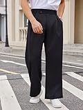 OYOANGLE Men's Pleated High Waist Wide Leg Pants Loose Fit Casual Pants with Pocket Black Large