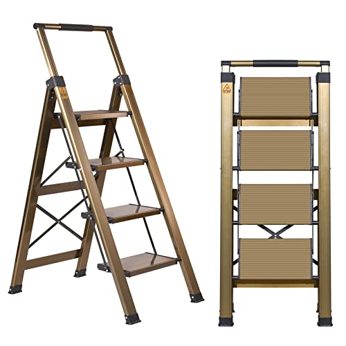 XinSunho 4 Step Ladder, Aluminum 4 Step Stool with Retractable Handrail and Anti-Slip Wide Pedal, Folding Stool Ladders 4 Steps, 330lbs Safety Household Slim Ladder