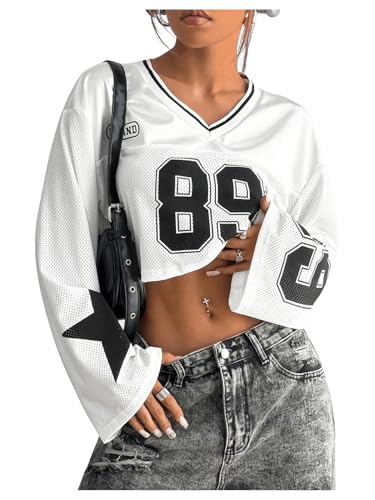 GORGLITTER Women's Number Graphic Jersey Crop Top Shirts Y2K 90s Bell Long Sleeve V Neck Graphic Tee White Large