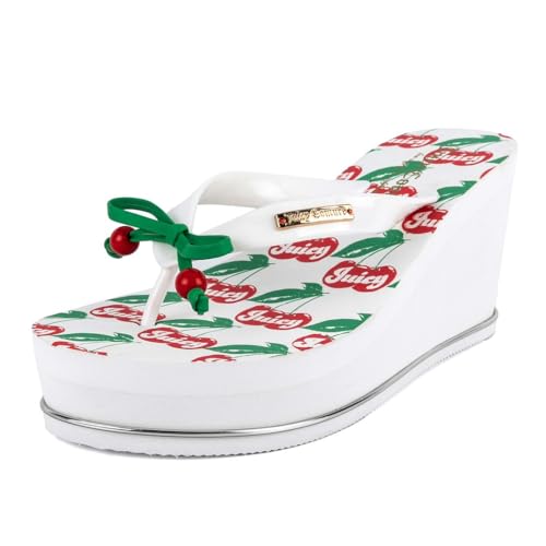 Juicy Couture Wedge Platform Flip Flop – Stylish Thong Sandal, High-Fashion Elevated Slide for Beach, Pool & Casual Wear-Umani-White Multi Cherry-7