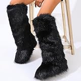 Valpeak Womens Faux Fur Boot Winter Fluffy Long Furry Boots for Girls Outdoor Fuzzy Knee-High Boots(Black,9)