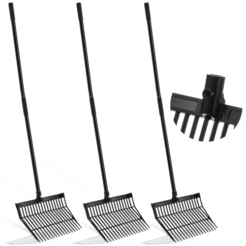 Lasnten 3 Sets Manure Fork with Long Metal Handle Pitch Fork Manure Rake Heavy Duty Muck Rake for Gardening Horse Stall Stable Grass Hay Cleaning Farm Work(Black)