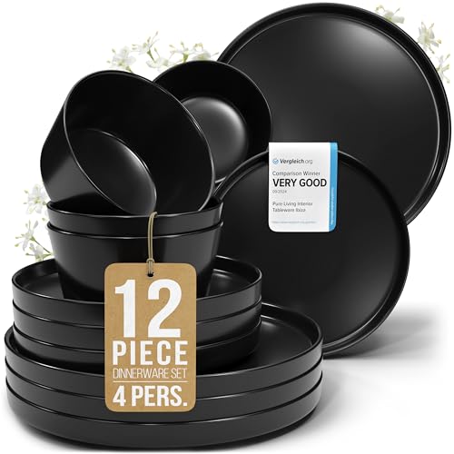 Ceramic Dinnerware Set - Scratch Resistant, Dishwasher & Microwave Safe Stoneware - 12 Piece Plates and Bowls for 4 - Matte Black