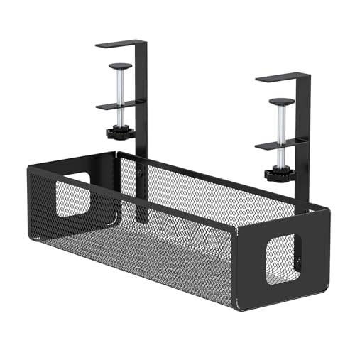 DELAMU Under Desk Cable Management Tray - Cable Management Tray No Drill with Clamp Design, Sturdy Wire Organizers for Cords for Home Office - No Damage to Desk, Black