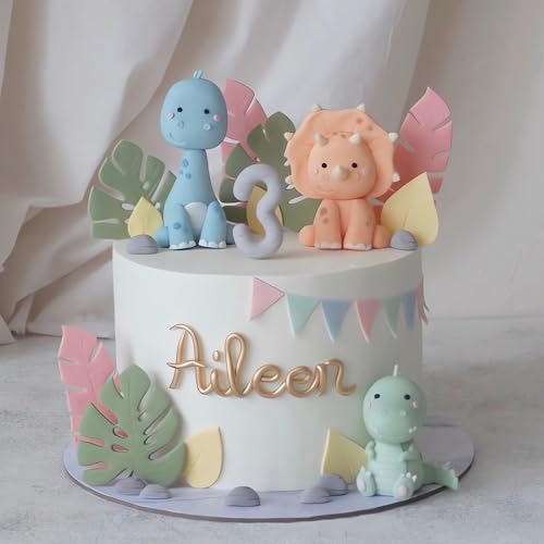 Clay Dinosaur Cake Toppers With Leaves for Boy Girl Birthday Baby Shower Theme Jungle Party Supplies