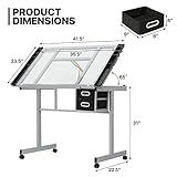 MoNiBloom Drafting Table on Wheels with Storage & Side Tray - Adjustable 0-65° Glass Tabletop, Replaceable Feet Art Desk