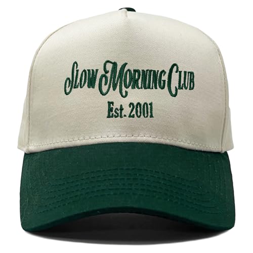 Funky Junque Vintage Slow Morning Club Green Hat Women Men Embroidered Adjustable Vintage Hats for Women - Slow Morning Club - Forest/Beige