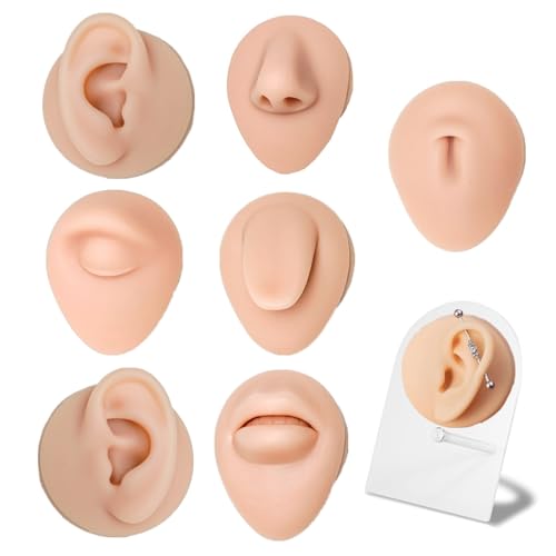 Silicone Model Body Part Displays Set, Yuelong 7pcs Soft Body Piercing Practice Model Kit with Display Holder,Ear Nose Eye Mouth Tongue Belly Button Model for Piercer Practice Tool