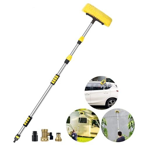 Buyplus 5-12 Foot (20 ft Reach) Car Wash Brush with 12-Inch Soft Bristle, On/Off Switch Telescopic Car Truck Boat Washing Brush with Hose Attachment for Cleaning RVs, House Siding, Floors and More!