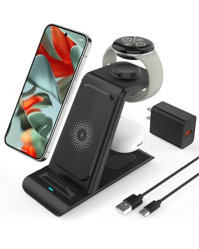 Upgraded 3 in 1 Wireless Charger Compatible with Google Pixel Watch 3/2, Pixel 9 Pro XL/9/Fold/8/7/7A/6 Pro, Pixel Buds Pro/2, Wireless Charging Station for Multiple Devices (Not for Pixel Watch 1)