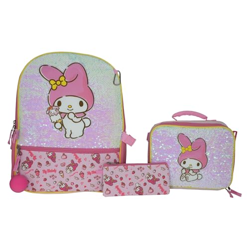 AI ACCESSORY INNOVATIONS Hello Kitty My Melody 5 Piece Backpack Set, Kawaii Flip Sequin Anime School Bag for Girls with Zip Front Pocket, Pink
