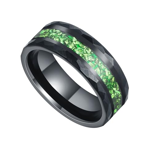 IRROYA Emerald Black Gold Plated Tungsten Mens Wedding Band Rings, 8mm Hammered Tungsten Carbide Engagement Ring for Men's Daily Wear, Male Green Birthstone Goth Promise Ring Gift for Him Size 11