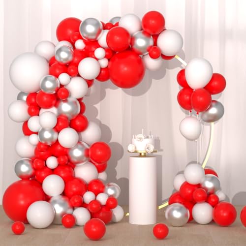 LUDEOU Red White Silver Balloon Garland Kit - 122PCS Red White Balloons Red Silver Balloons Graduation Balloon for Birthday Wedding Anniversary Graduation Christmas Party Decorations