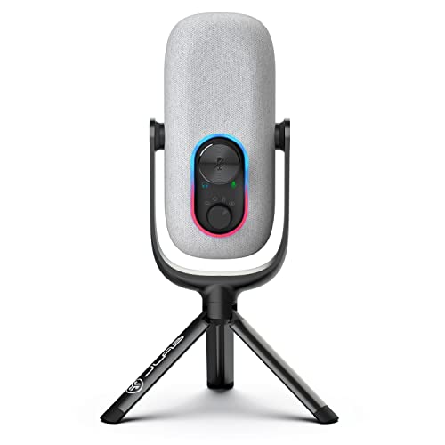 JLab Epic Talk USB Gaming Streaming Microphone, White, USB-C Output, Cardioid, Omni, Stereo, Bi-Directional, 192k Sample Rate, Volume Control, Gain Control, and Quick Mute, 3.5mm AUX, Plug and Play