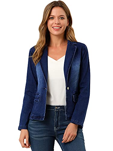 Allegra K Women's Notched Lapel One Button Long Sleeve Washed Business Denim Blazer Medium Blue