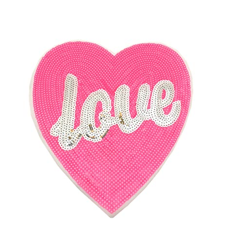Pink Love Heart Shaped Sequins Beaded Applique Patches, Sewing Embroidered Sequin Patch for Clothes Dress Jeans T-Shirts Clothing