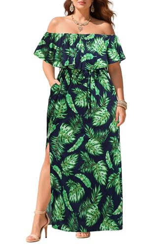 Hawaiian Dress Plus Size Tropical Off Shoulder Maxi Palm Leaf Summer Casual Beach Vacation Sundresses Slit Long Pockets