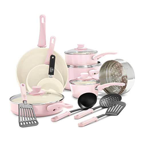 GreenLife Soft Grip 16 Piece Cookware Set, Non-Toxic PFAS-Free Ceramic Nonstick, Frying, Sauce, Saute, Utensils, Glass Lids, Stay-Cool Handles, Wobble Free, Dishwasher & Oven Safe, Soft Pink