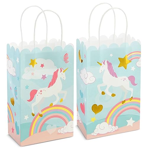 BLUE PANDA 24 Pack Unicorn Party Favor Gift Bags with Handles, Pastel Rainbow Birthday Decorations (5.5 x 8.6 x 3 in)