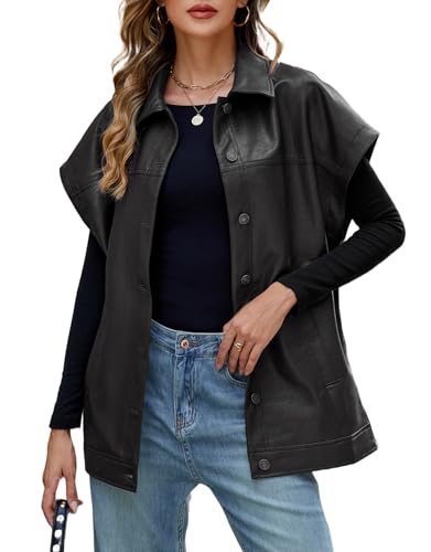 Ladyful Womens Oversized Leather Vest Sleeveless Faux Leather Jacket Motorcycle Biker Vest Coat Outerwear