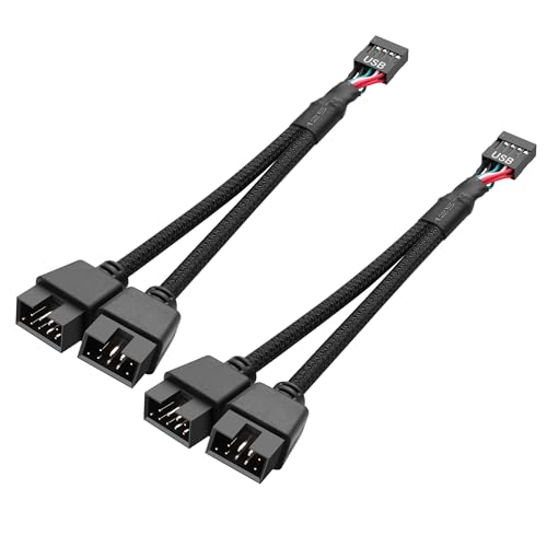 SinLoon 2 Pack Motherboard USB 2.0 9Pin Header Splitter 9 Pin USB 2.0 Female to Dual 9 Pin Male Extension Header Cable Nylon Braided for PC Computer Internal Motherboard (Black)