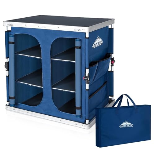 EAGLE PEAK Double Outdoor Folding Camping Table with Large 3-Tier Storage Organizer and Side Pockets, Easy Set Up Portable Aluminum Camping Kitchen, Blue