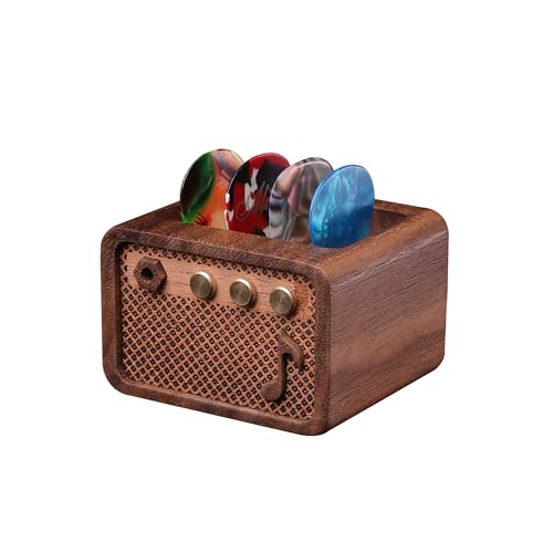 CoolGift Mart Guitar Pick Holder, Walnut Wood Electric Guitar Amp Styled Pick Holder for Picks Storage and Display, Gift for Guitar Players Guitarists
